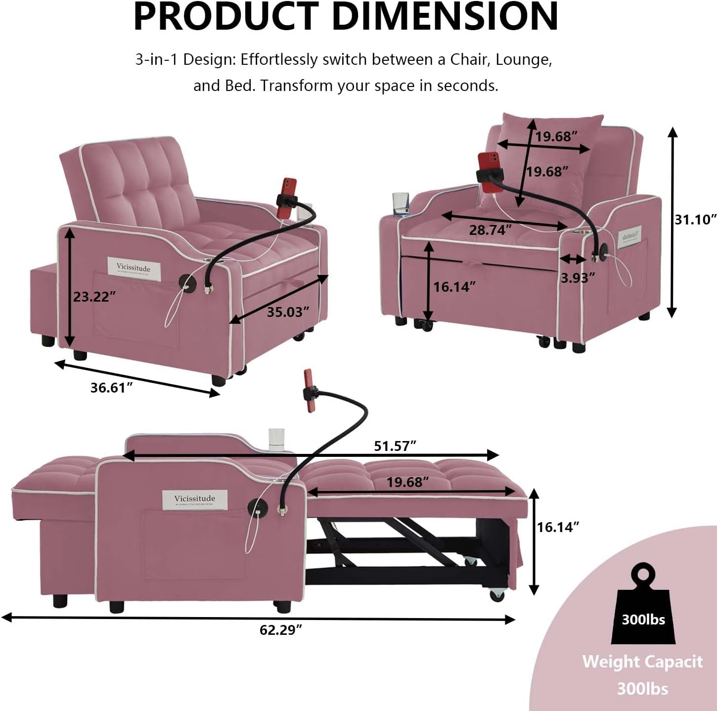Convertible Sofa Bed, 3 in 1 Futon Sofa Bed with USB Charging Ports, Cup Holder, Phone Stand & Pocket, Modern Upholstered Sleeper Sofa for Living Room, Apartment or Small Space (Pink)