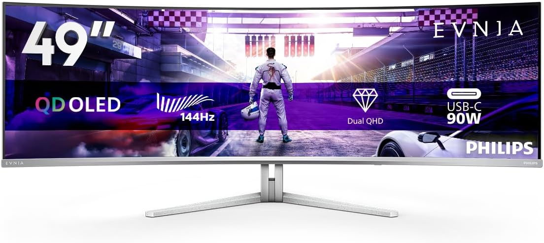 Philips Evnia 49M2C8900L - 49-inch DQHD OLED Curved Gaming Monitor, 144 Hertz, 0.03ms GtG, HDR400, Ambiglow, FreeSync Prem. Pro (5120 x 1440, HDMI 2.1, DisplayPort 1.4, USB-C, USB Hub) White