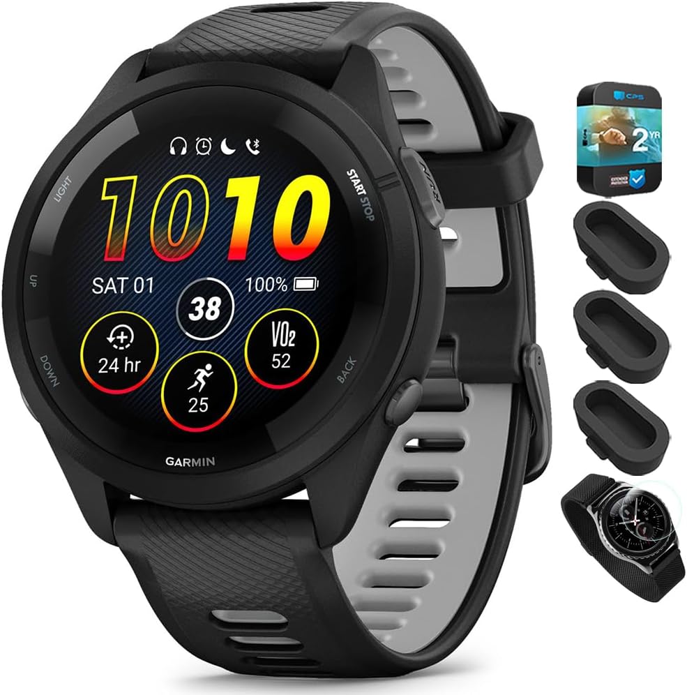 Garmin 010-02810-00 Forerunner 265 GPS Smartwatch - 46mm Black/Powder Gray Bundle with Deco Essentials Silicone Dust Cover 3 Pack, Round Screen Protector and 2 YR CPS Enhanced Protection Pack