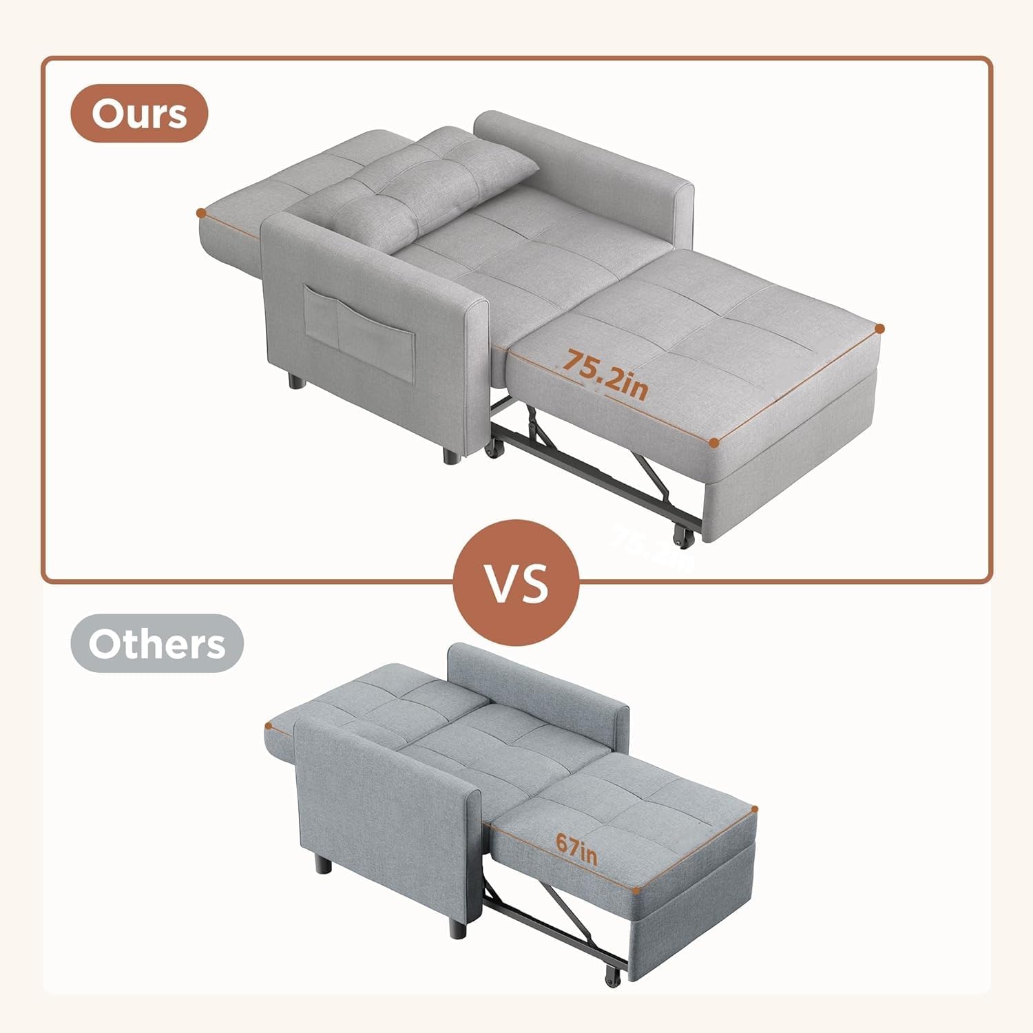 Aiho 34-Inch Sleeper Chair Bed, 3-in-1 Convertible Pull-Out Sofa Bed with Modern Linen Fabric for Living Room or Apartment (Light Gray)