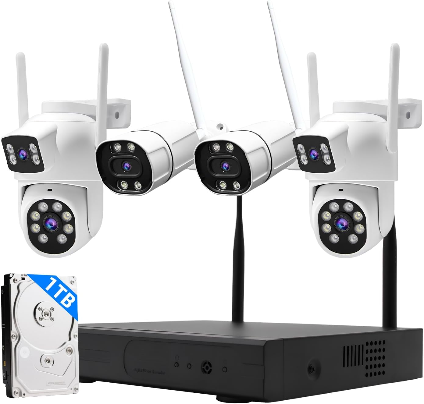 Wireless Security Camera NVR System, 2 Bullet Cam + 2 Dome Cam, 6 Screen Max. up to 16CH, 2K HD 3MP View, Dual-Band WiFi Connection, Smart Color Night Vision, 1TB HDD Local Storage