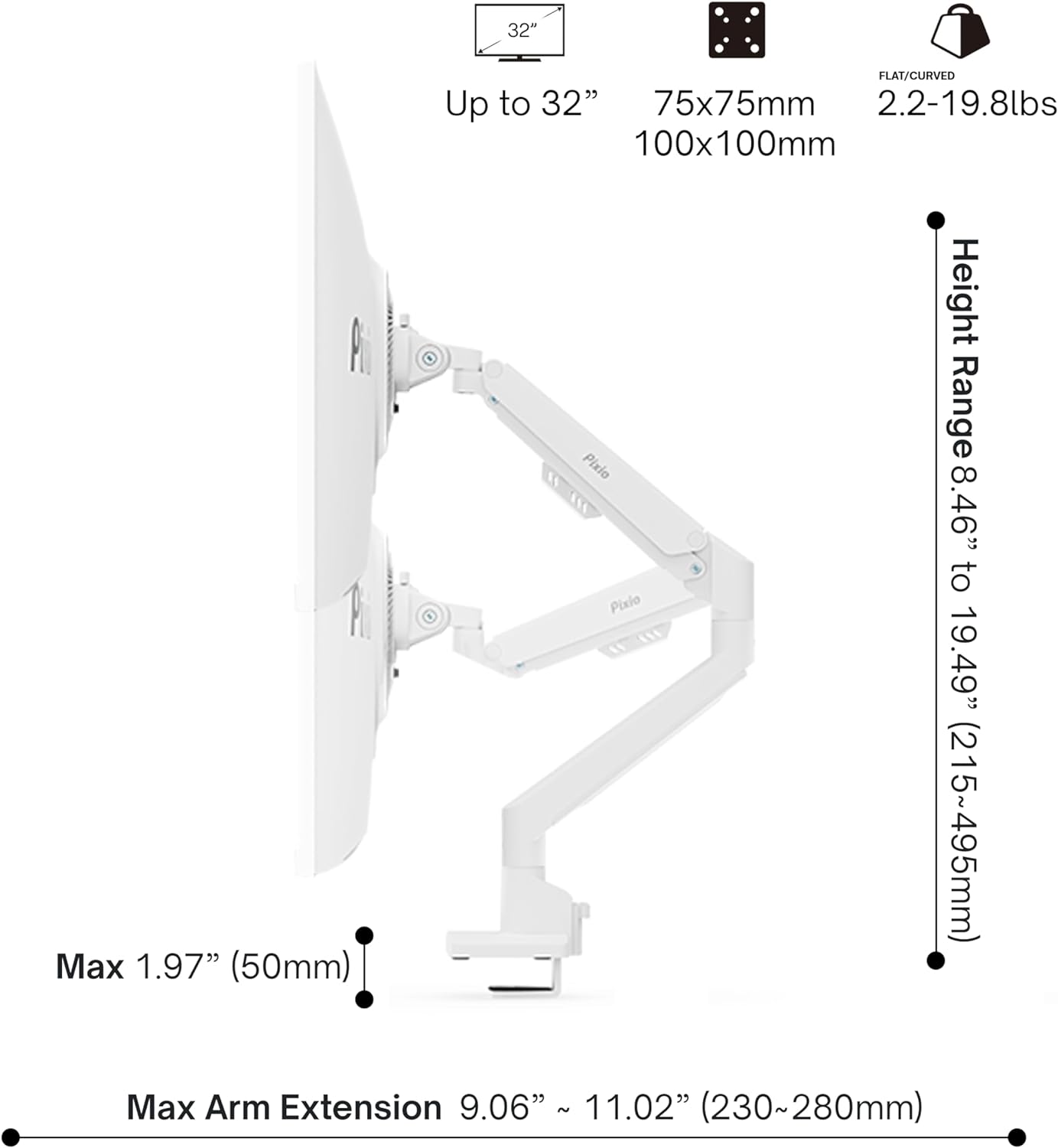 Pixio PXC278WAVE White 27 inch 180Hz Refresh Rate QHD 1440p Resolution 1650R Curve Fast VA Panel 1ms GTG Response Time HDR Curved Gaming Monitor and PS1S Wave White Single Monitor Arm