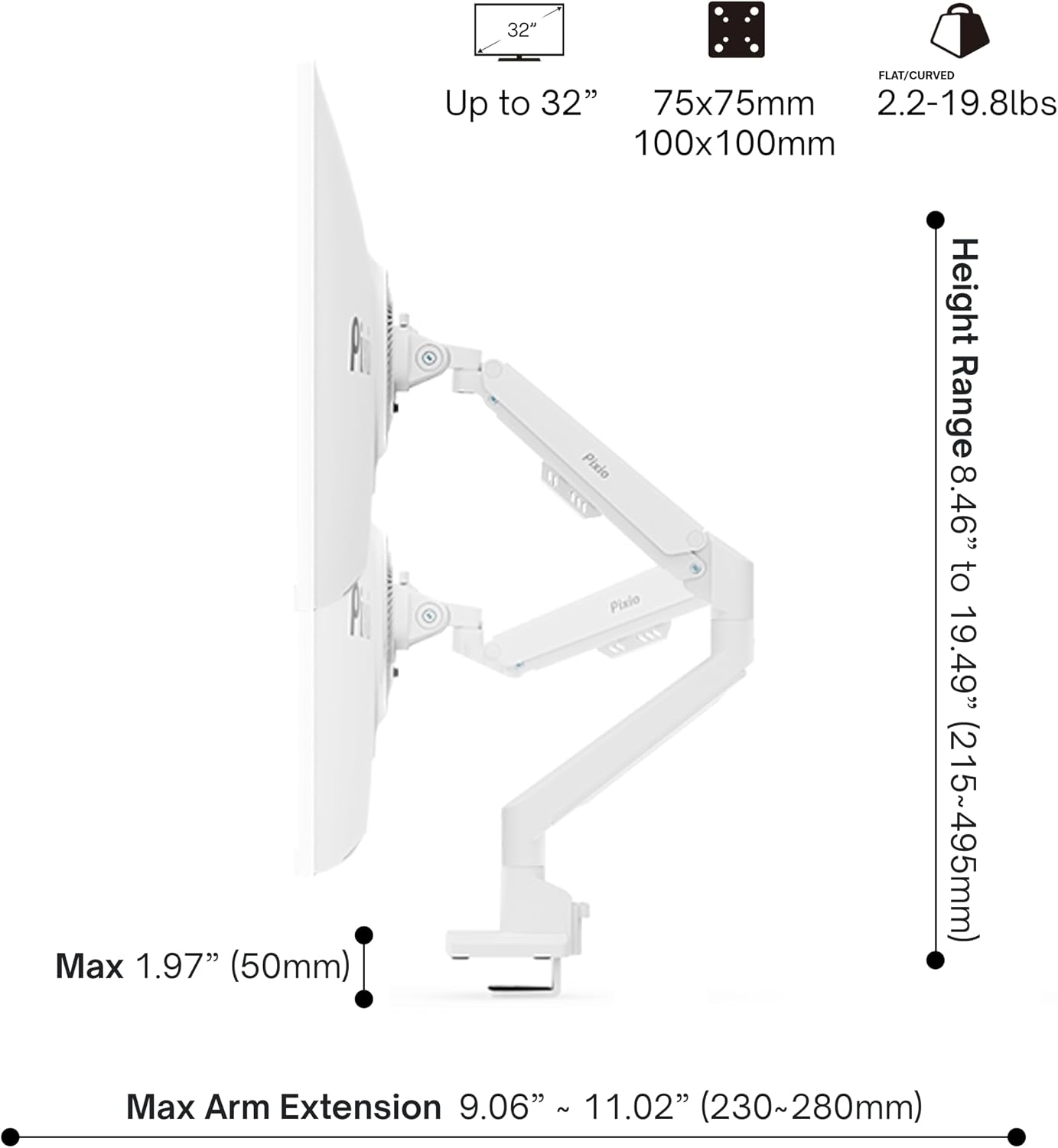 Pixio PXC248WAVE White 24 inch 200Hz Refresh Rate FHD 1080p Resolution 1500R Curve Fast VA Panel 1ms GTG Response Time HDR Curved Gaming Monitor and PS1S Wave White Single Monitor Arm - Fits up to 32