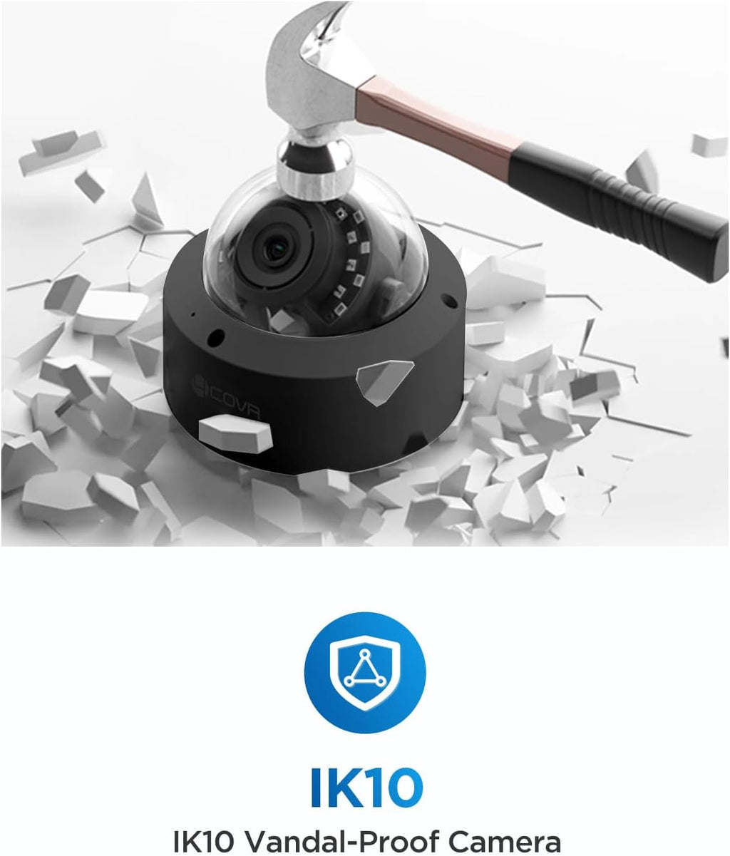 4COVR 8 Camera Security System, 8X 5MP IK10 Vandal-Proof IP67 Dome PoE IP Camera with Audio, 8 Channel NVR 2TB HDD, AI Human Vehicle Detection & IR Night Vision, 24/7 Home Recording, LY54AB5M0808
