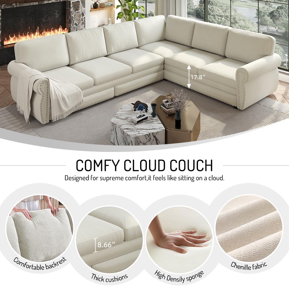 118' L-Shaped Sleeper Couch Bed - Oversize Convertible with Pull-Out Sofa Bed, Button Tufted Chesterfield Sofa, Chenille Sectional Vintage Couches for Living Room/Apartment(6-Seater, Beige)