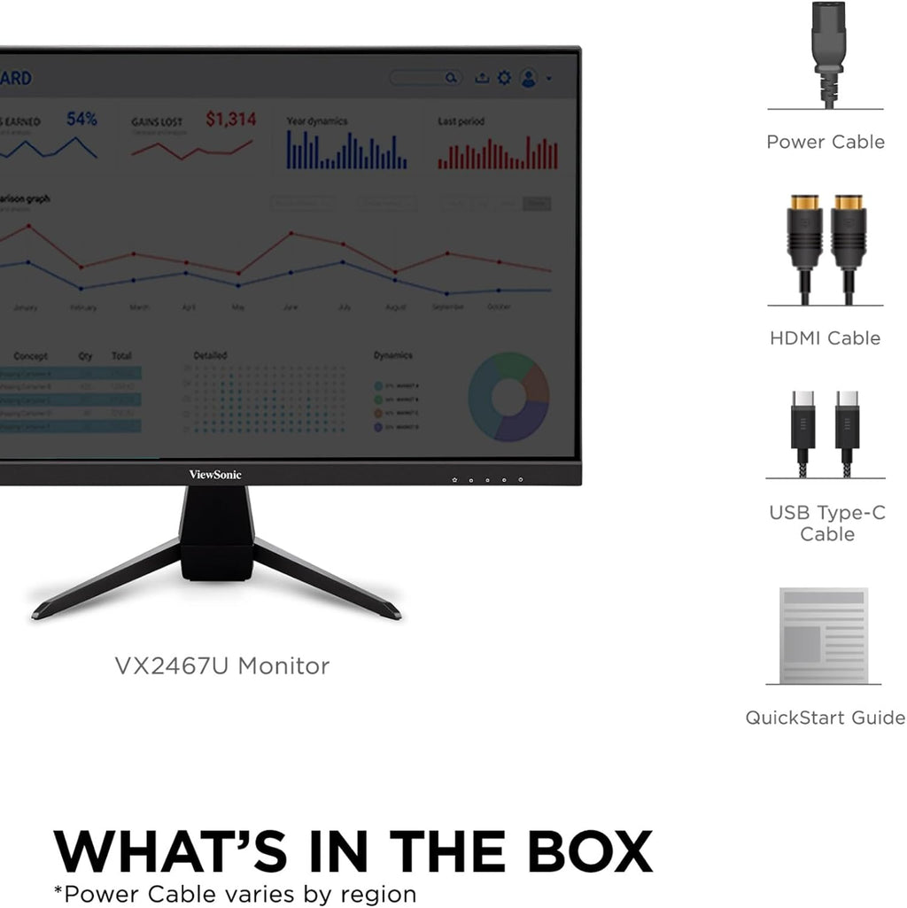 ViewSonic VX2467U 24 Inch 1080p Monitor, IPS Display with 65W USB-C and Eye Care Technology for Home and Office Entertainment, Ultra-Thin Bezels, HDMI, and VGA Inputs