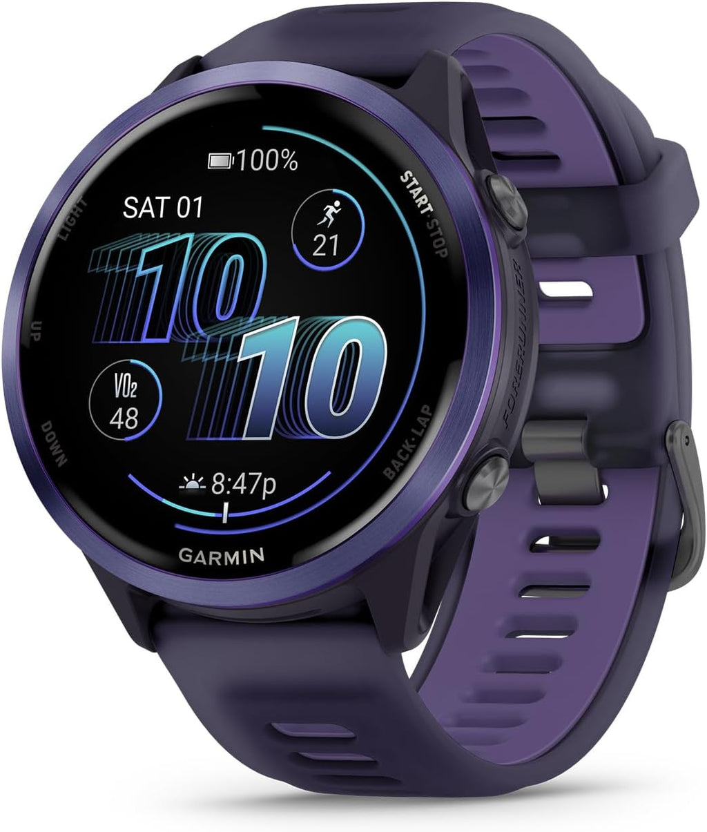 Garmin® Forerunner® 570, 47mm, Advanced GPS Running and Triathlon Smartwatch, AMOLED Display, Training and Recovery Features, Indigo Aluminum with Translucent Imperial Purple Band