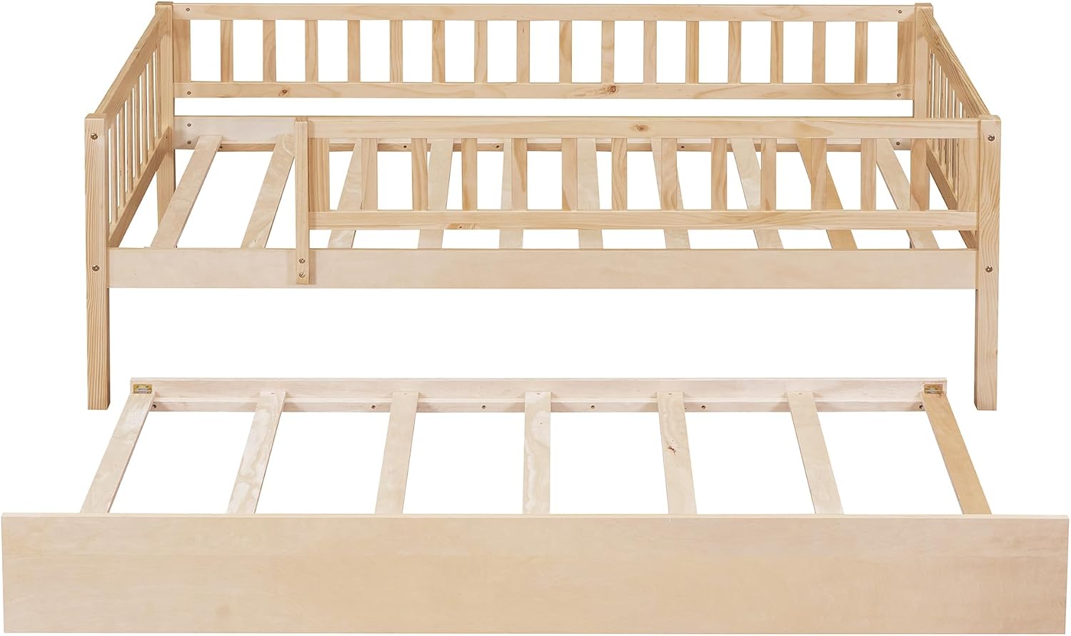 Twin Wood Bed Frame with Fence Railings and Trundle,Low Montessori Kids Platform Bed Frame with Full-Length Safety Guardrails,Dual-use Daybed for Bedroom and Living Room,Natural
