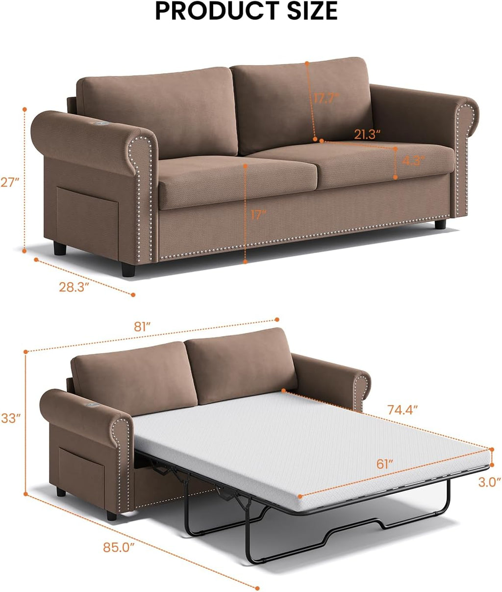 Queen Pull Out Sofa Bed | 83' Large Sleeper Sofa with Queen Size Mattress | 2-in-1 Convertible Loveseat Sofa-Bed with USB Ports Side Pockets Brown