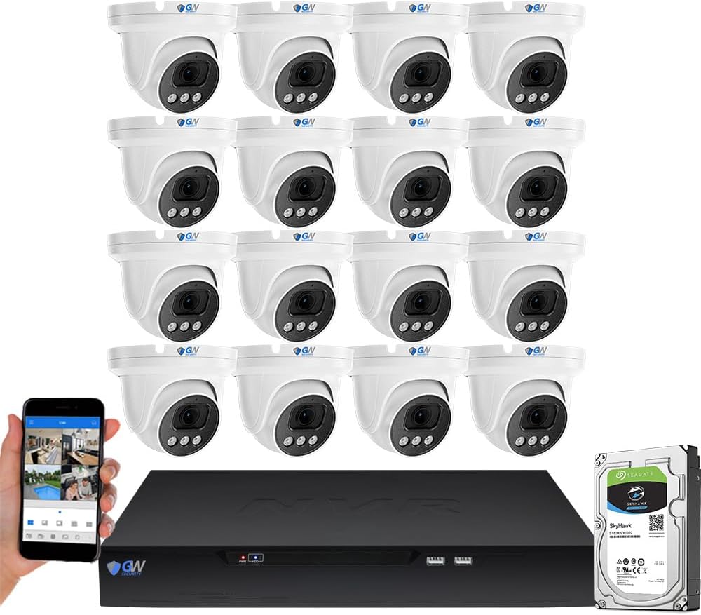 GW Security 16 Channel NVR UltraHD 4K Face Recognition NDAA & TAA Compliant Security Camera System with 16 x 8MP @25FPS Outdoor & Indoor PoE Turret Cameras, 10 Smart AI Functions