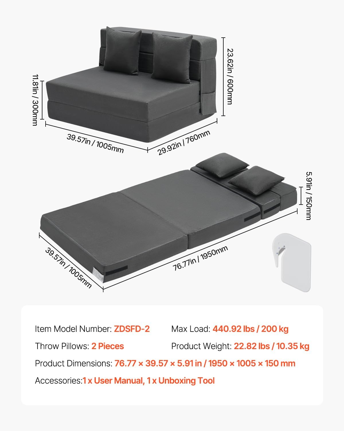 VEVOR Folding Sofa Bed, 3-in-1 Foldable Couch Bed with 2 Pillows and Washable Cover, 25D High Density Memory Foam Convertible Sleeper Chair Bed, Futon Couch for Living Room, Bedroom, Dark Grey(Twin)