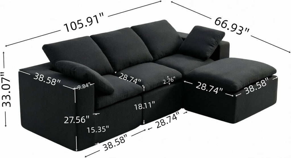 106' Boneless Cloud Couch, L Shaped Modular Sectional Couch, Memory Foam Living Room Sofa in a Box, Chenille Fabric No Assembly Required, Modern Luxury Oversized Plush Double-Layer Cushion