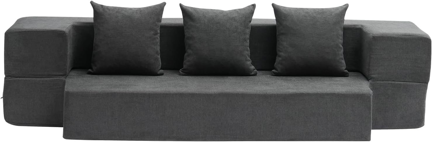 VEVOR Folding Sofa Bed, 3-in-1 Foldable Couch Bed with 3 Pillows and Washable Cover, 25D High Density Memory Foam Convertible Sleeper Chair Bed, Futon Couch, Dark Grey(Twin XL)