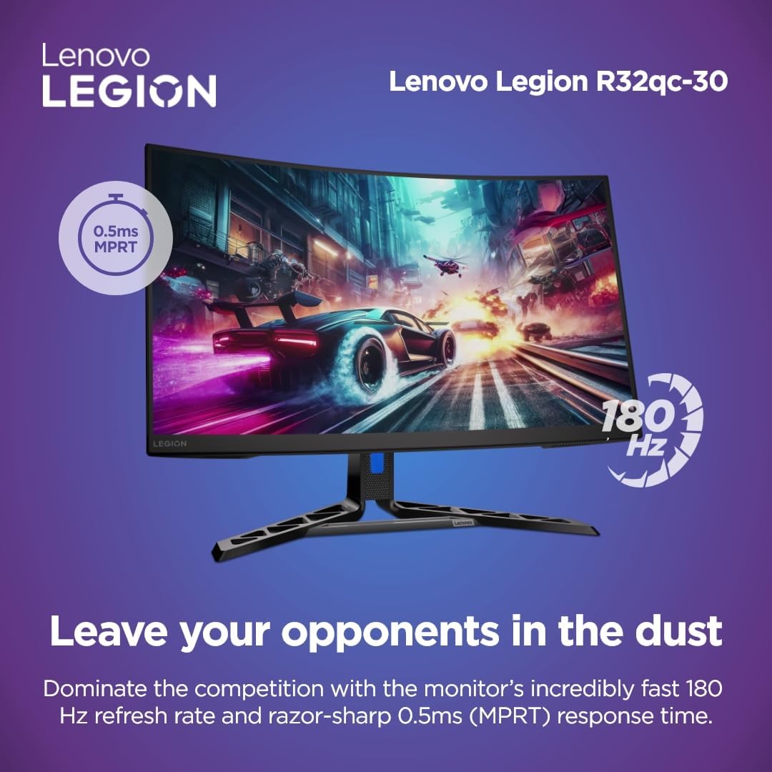 Lenovo Legion-R32qc-30 | 32' (81.2cm) QHD 180Hz Curved Gaming Monitor | 0.5ms, AMD FreeSync, 99% sRGB, 3Wx2Speaker, 2xHDMI 2.1 TMDS, 1xDP 1.4| Tilt, Swivel, Pivot, Height Adjust | Black | 67C8GAC1IN