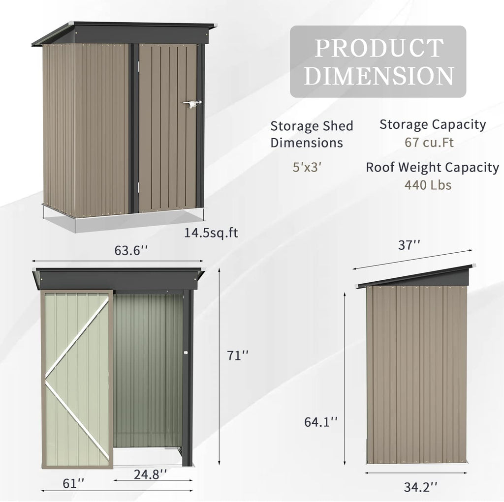 Greesum Metal Outdoor Storage Shed 5FT x 3FT, Steel Utility Tool Shed Storage House with Door & Lock, Metal Sheds Outdoor Storage for Backyard Garden Patio Lawn (5' x 3'), Light Brown