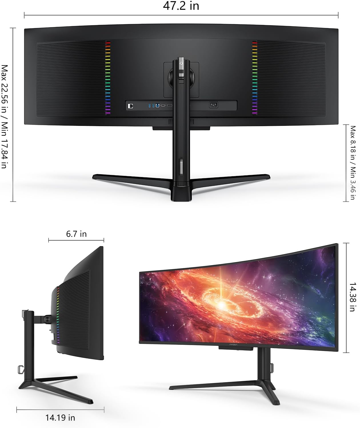 INNOCN 49' 49Q1S OLED Curved Gaming Monitor 5120 x 1440p 240Hz, 0.03ms, USB Type C 90W, HDMI 2.1, DisplayPort, USB Hub, Surrounding Speakers, Adaptive-Sync, Height Adjustable Stand, Black