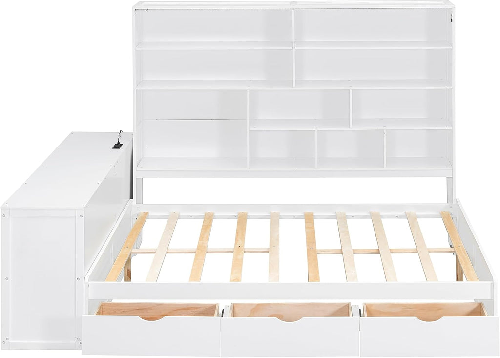 LUMISOL Corner Full Bed Frame with Storage Drawers, Built-in Desk with USB Ports & Shelves, Wooden Daybed Sofa Bed with LED Bookcase for Bedroom Living Room, White