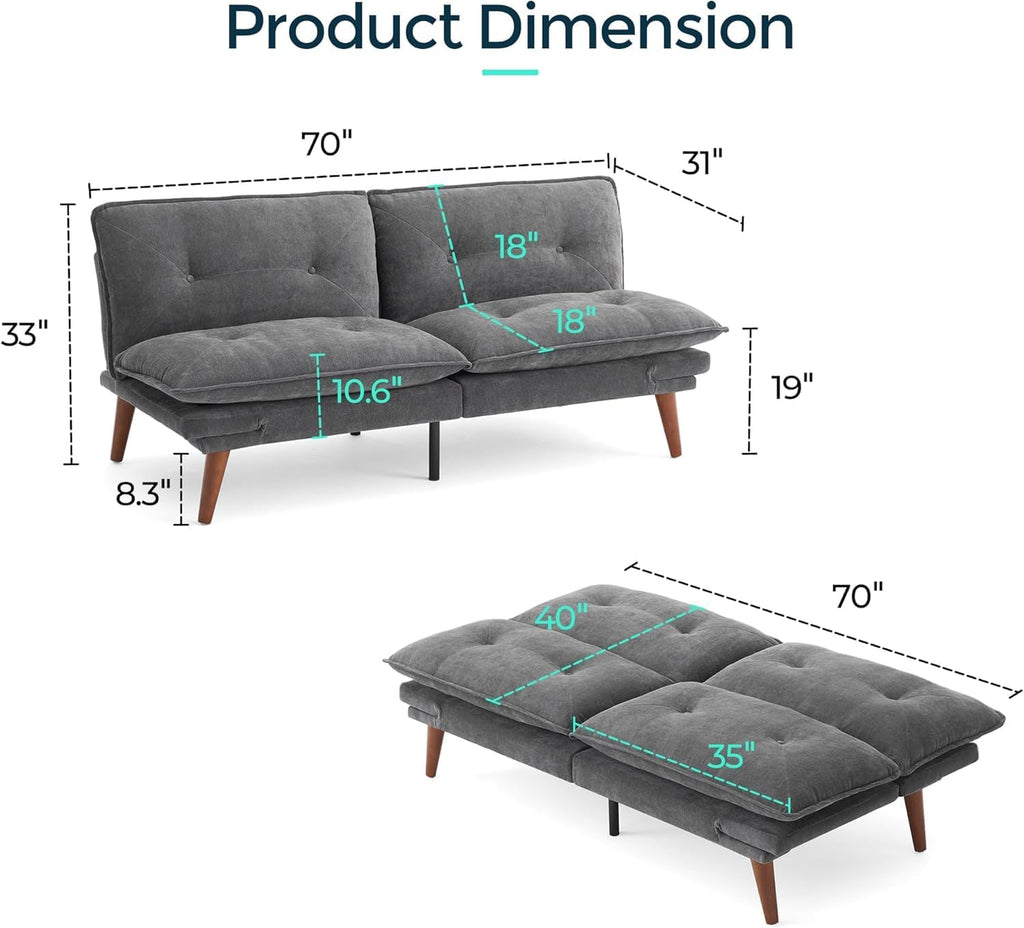 LINSY HOME Futon Sofa Bed, 70' Chenille Futon Couch with Adjustable Backrest Armrest, 3 in 1 Convertible Comfy Loveseat Sleeper Sofa Bed for Small Spaces Dorm Room Apartment Home Office(Dark Grey)