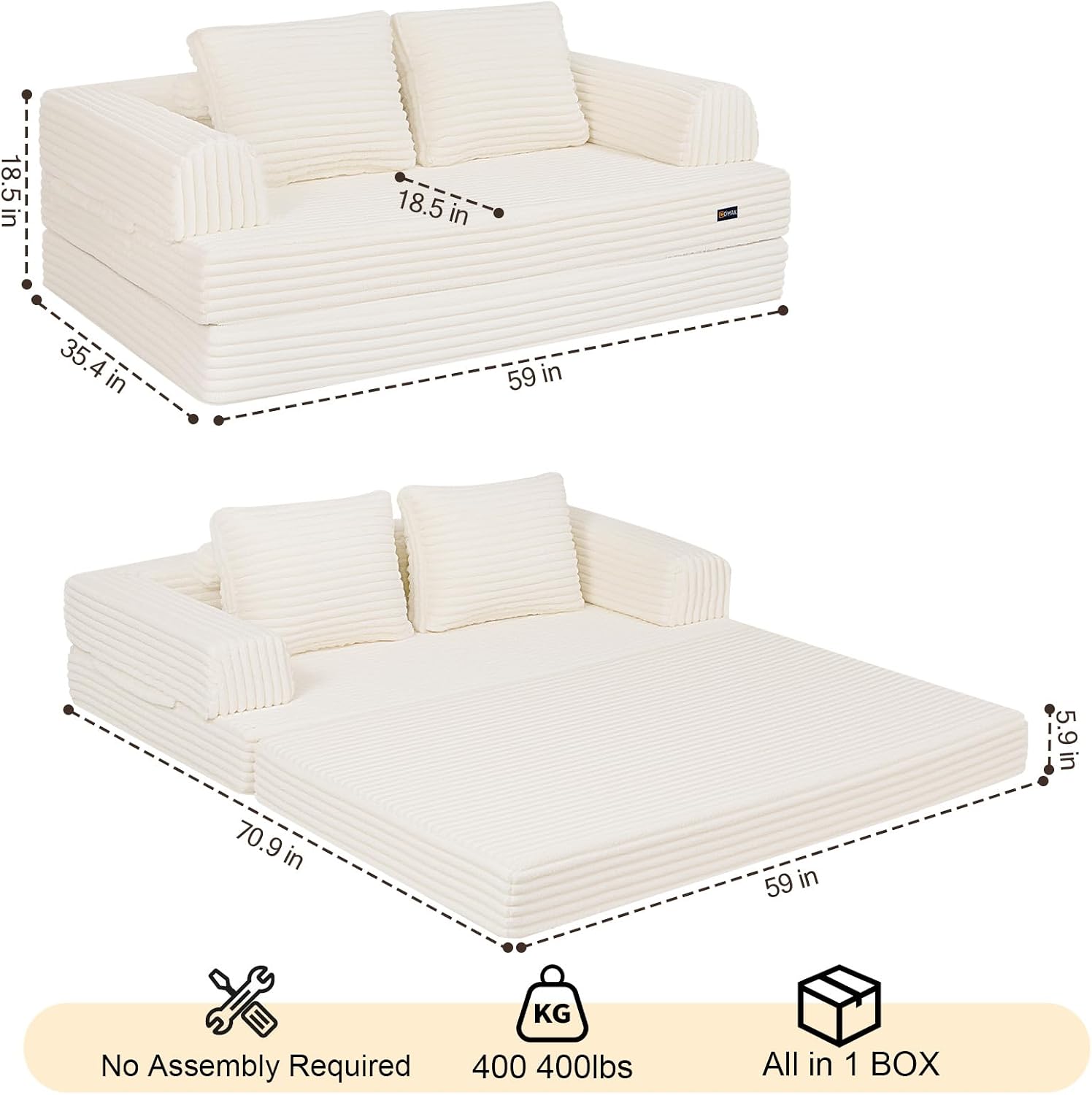 COMAX Convertible Sofa Bed, Folding Floor Couch Corduroy Fold Out Couch Bed Futon Sleeper Mattress with Pillows, Boneless Sofa Comfy Lounge Loveseat for Living Room Bedroom, Plush Beige