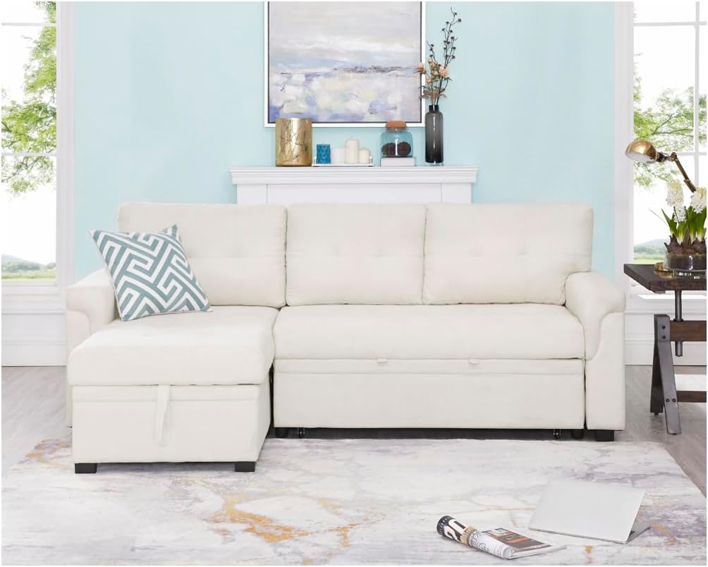 Naomi Home L Shaped Sectional Couch with Storage & Pull Out Bed – 3-in-1 Convertible Sleeper Sofa Bed, Small L Shape Sofa for Living Room, Sofa Bed with Storage Chaise in Cream, Velvet