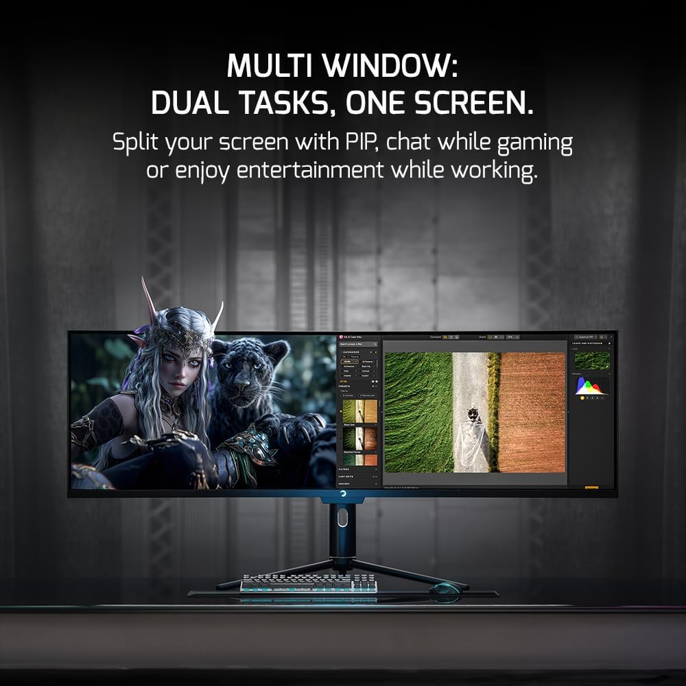 GAMEPOWER DQ 49 inch Curved Ultrawide Gaming Monitor, 5K, 1Ms, 120Hz Refresh Rate, 32:9, DQHD, 5120 x 1440P, R1800, 99% sRGB, HDR400, DisplayPort, Type-C, FreeSync, Gsync, Height - Tilt Adjustable