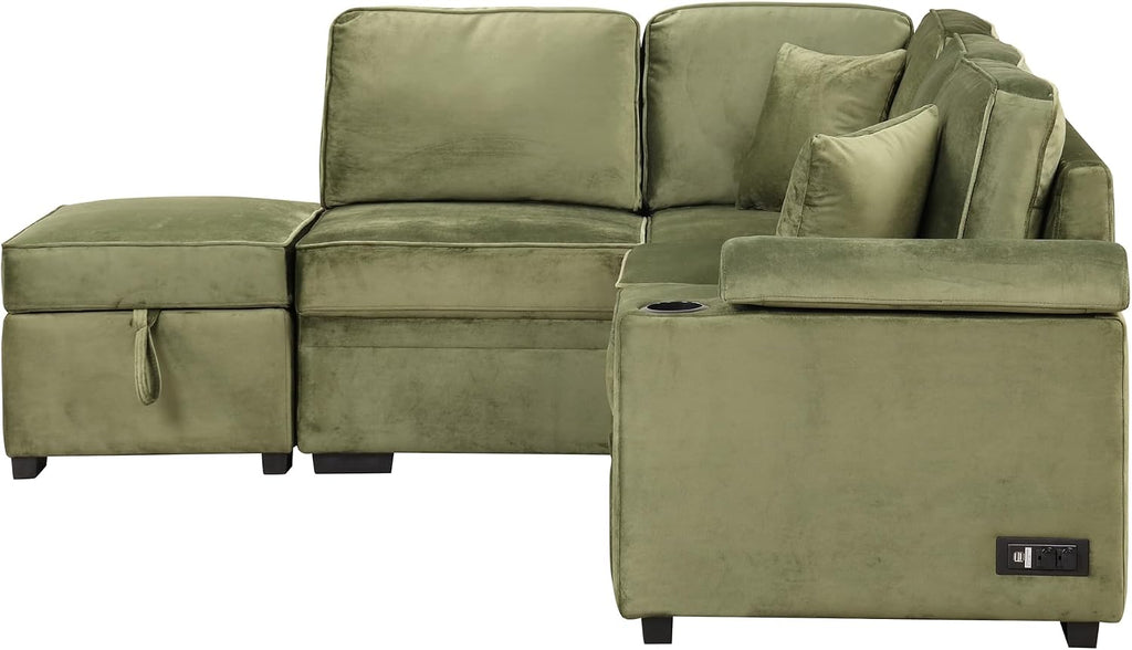 LUMISOL 87' Convertible Sleeper Sofa with Storage Ottoman, L-Shaped Sofa Bed with Cup Holder & USB Charging Stations, Pull Out Sofa Couch with Chaise for Living Room, Green