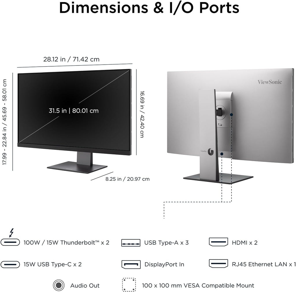 ViewSonic VP3276T-4K 32 Inch 4K ColorPro Monitor, IPS Display with 100% sRGB and Pantone Validated for Mac Studio and MacBook Pro, Advanced Ergonomics, Thunderbolt 4, HDMI, and DisplayPort Inputs