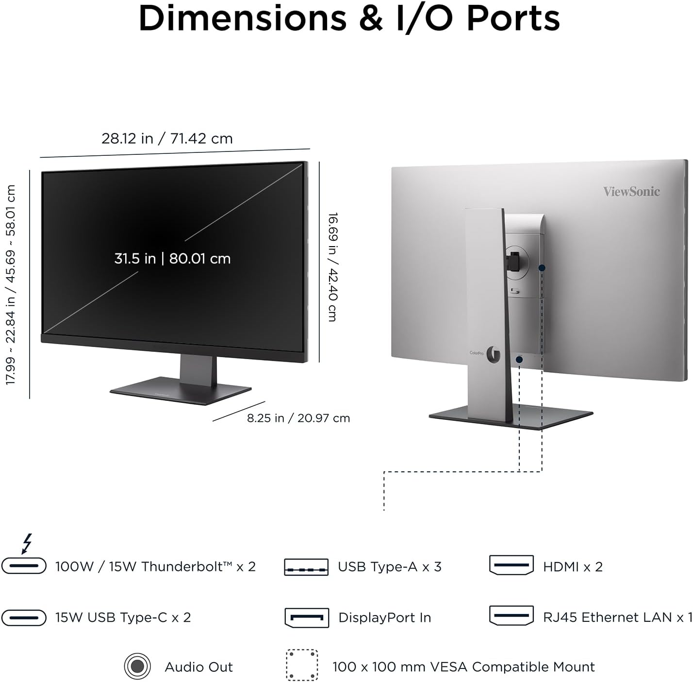 ViewSonic VP3276T-4K 32 Inch 4K ColorPro Monitor, IPS Display with 100% sRGB and Pantone Validated for Mac Studio and MacBook Pro, Advanced Ergonomics, Thunderbolt 4, HDMI, and DisplayPort Inputs