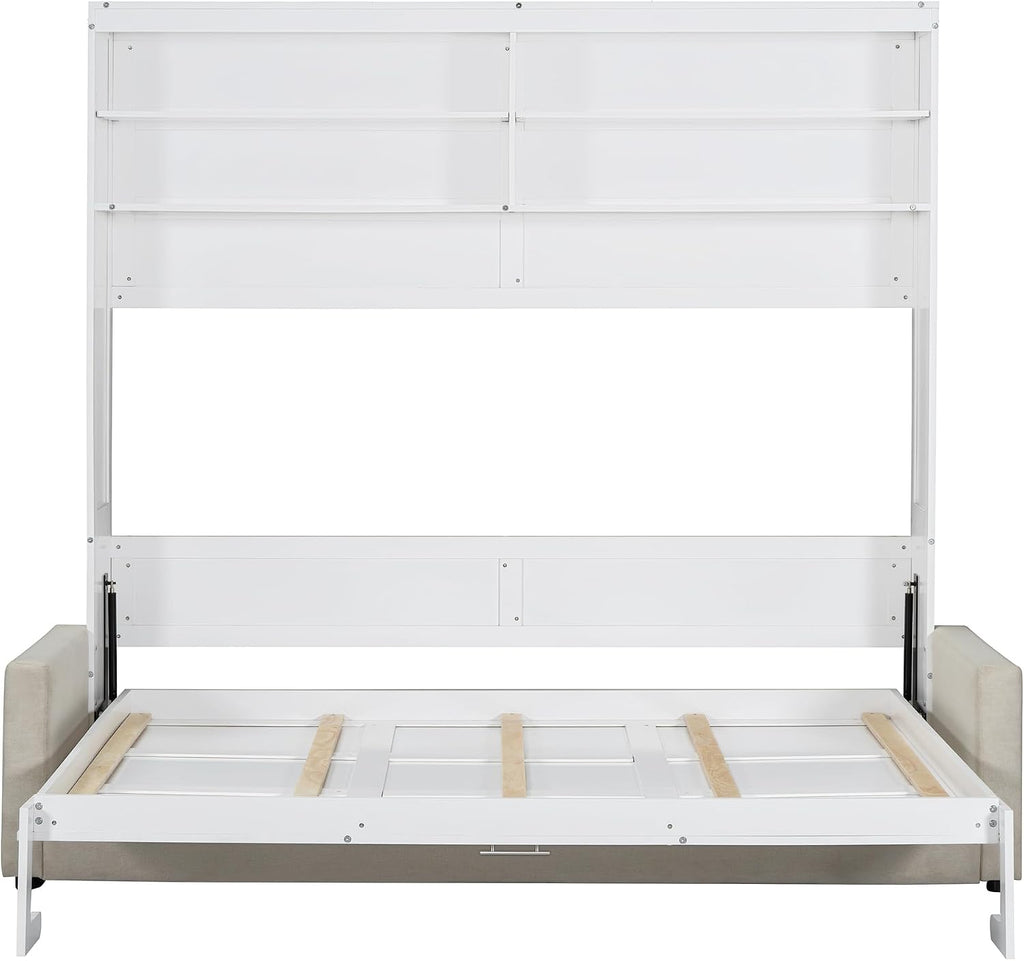 Merax Queen Size Murphy Bed, Wooden Queen Murphy Bed with Sofa and Cushion, Wall Bed with Shelves, White