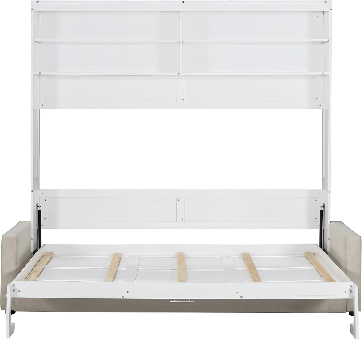 Merax Queen Size Murphy Bed, Wooden Queen Murphy Bed with Sofa and Cushion, Wall Bed with Shelves, White