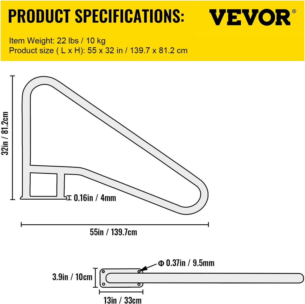 VEVOR Pool Rail 55x32 Pool Railing 304 Stainless Steel 250LBS Load Capacity Silver Rustproof Pool Handrail Humanized Swimming Pool Handrail with Blue Grip Cover & M8 Drill Bit & Self-Taping Screws