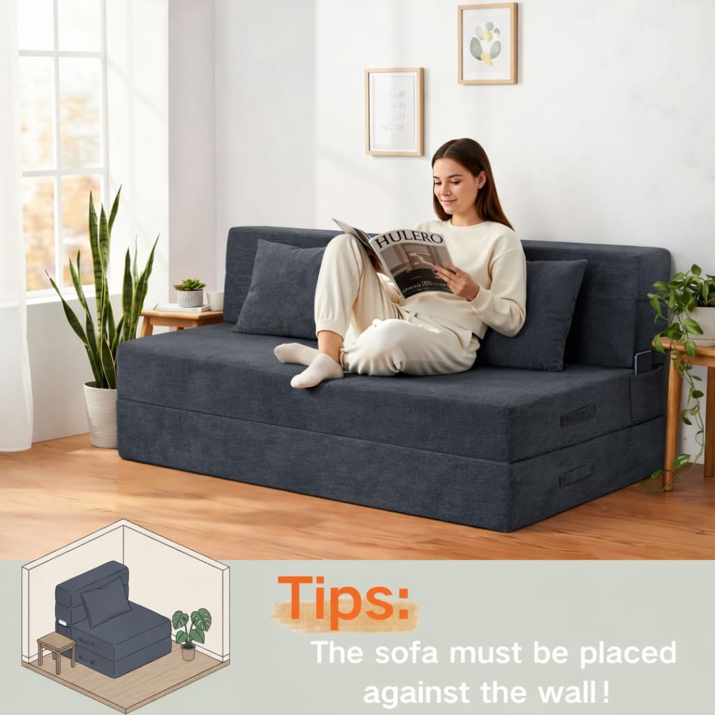 Folding Sofa Bed, 4 in 1 Convertible Sleeper Chair with Pillow, Queen Memory Foam Fold Out Chair Bed, Modern Floor Futon Sofa Couch Mattress for Living Room/Guest/Apartment, Dark Grey