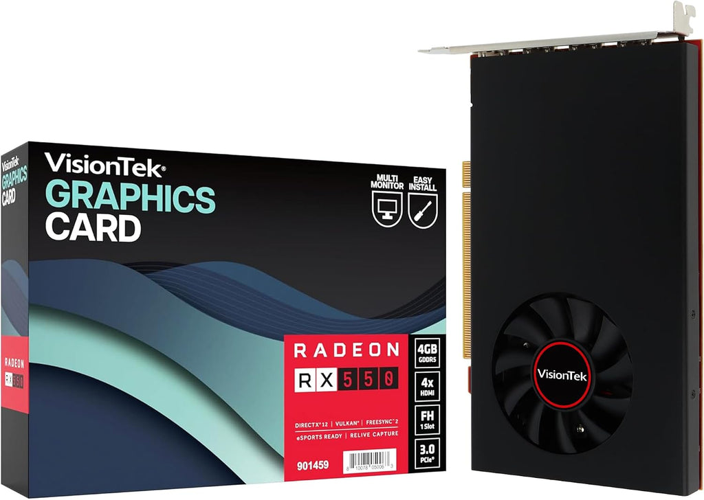 VisionTek AMD Radeon RX 550 4GB GDDR5 for PC – Computer Graphics Card: Supports 4k Monitor Resolution – x4 DisplayPort Outputs, PCI Express 3.0, DirectX 12, Bus-Powered - 901458