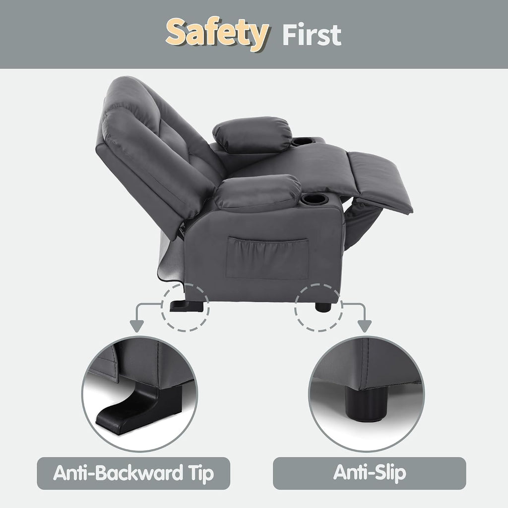MCombo Big Kids Recliner for Ages 3+, Child Reclining Chair, Toddlers Recliner Sofa with Cup Holders, Faux Leather, 7322(Dark Grey)