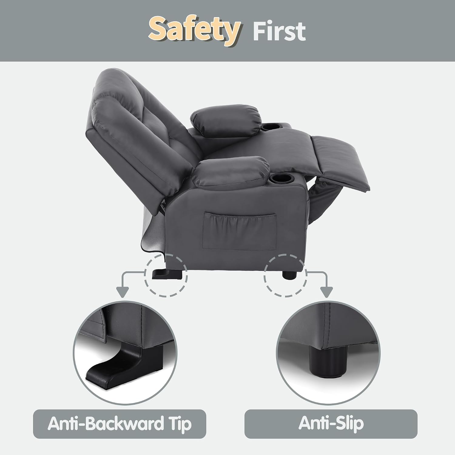MCombo Big Kids Recliner for Ages 3+, Child Reclining Chair, Toddlers Recliner Sofa with Cup Holders, Faux Leather, 7322(Dark Grey)