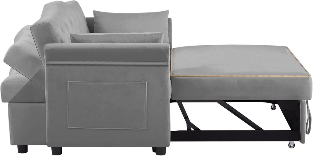 Auvsoce 57'' Convertible Sleeper Sofa Bed with Adjustable Backrest, Chaise Lounge, 2 Pillows & Side Storage Pockets – Stylish & Functional Furniture for Living Room or Small Spaces (Grey Sofa Bed)