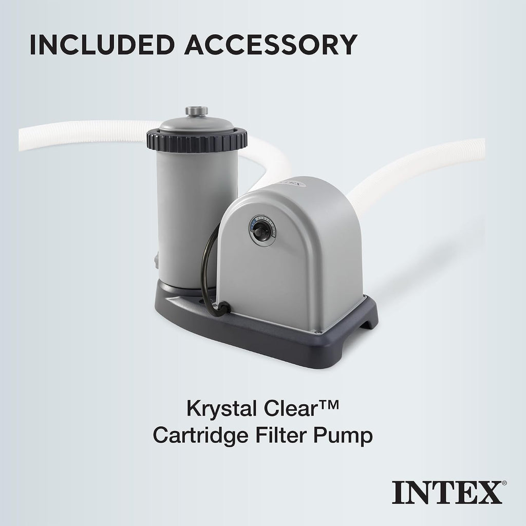 Intex Prism Frame Round Above Ground Outdoor Swimming Pool Set with Filter Pump, Ladder, Ground Cloth, and Pool Cover, Greywood