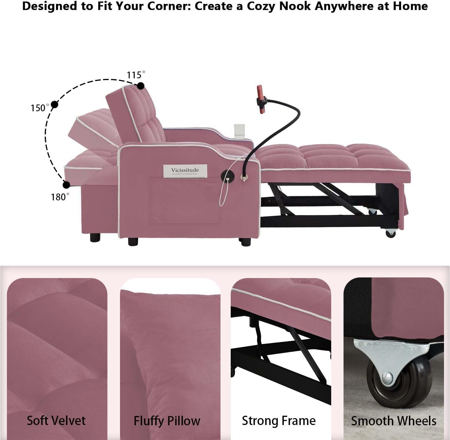 Convertible Sofa Bed, 3 in 1 Futon Sofa Bed with USB Charging Ports, Cup Holder, Phone Stand & Pocket, Modern Upholstered Sleeper Sofa for Living Room, Apartment or Small Space (Pink)