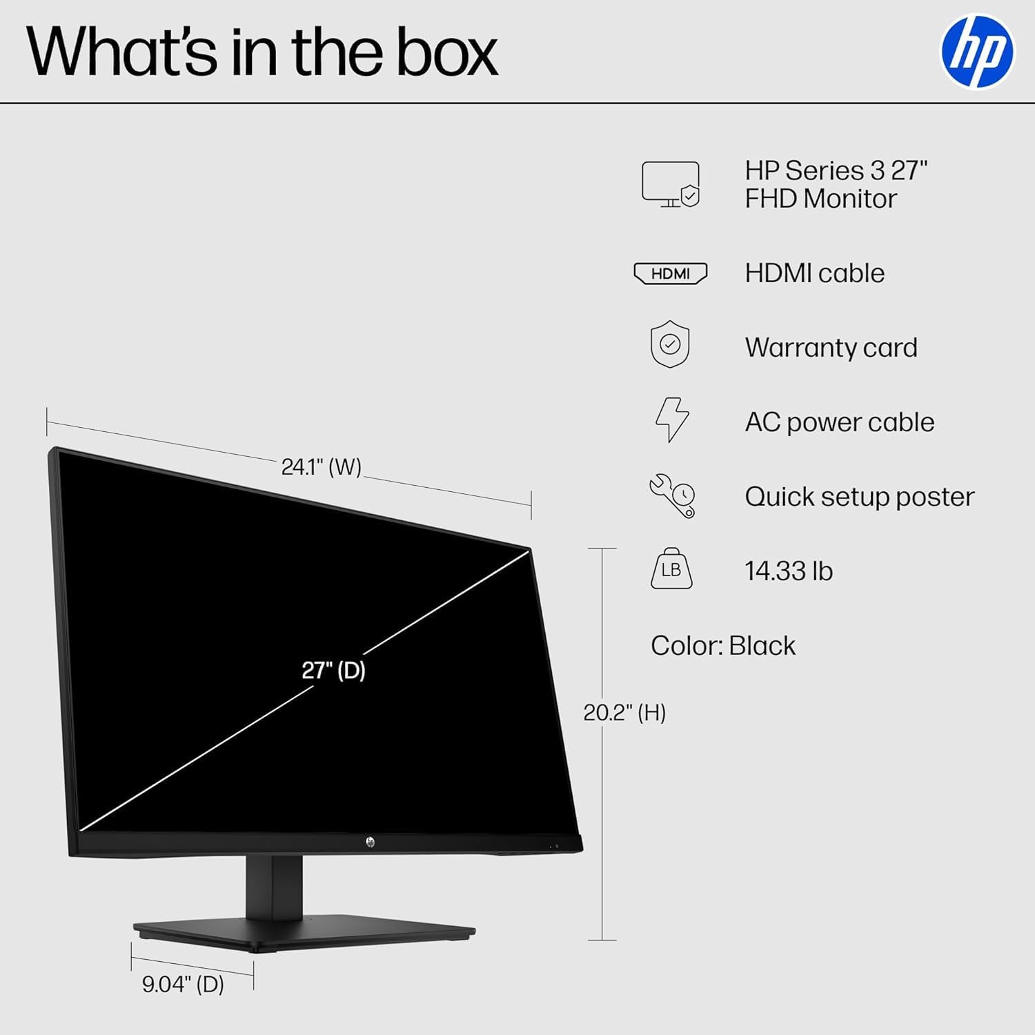 HP 27' IPS LED FHD Monitor - Built-in Dual 2W Speakers - 100Hz - HDMI, DisplayPort, VGA - Series 2025 Office Monitor - Eye Ease with Eyesafe Certification, Black, w/HDMI