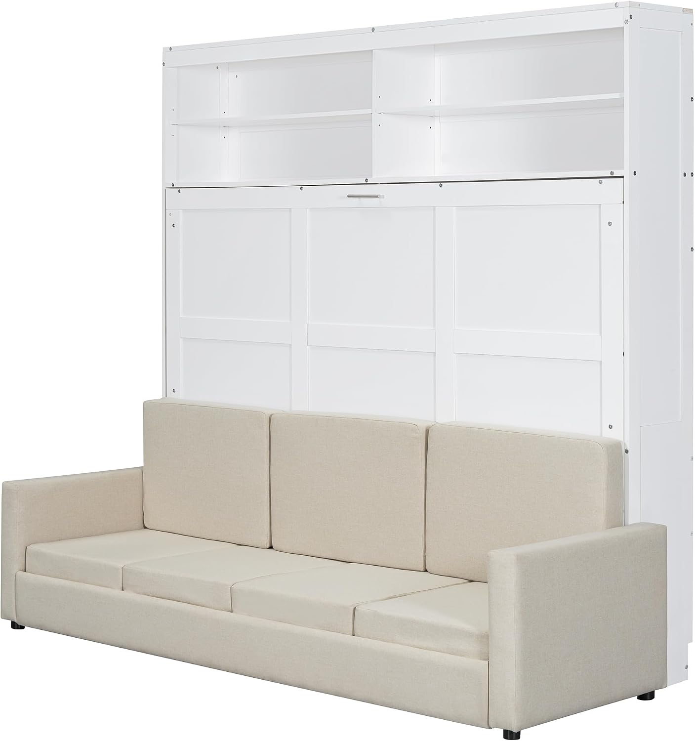 Merax Queen Size Murphy Bed, Wooden Queen Murphy Bed with Sofa and Cushion, Wall Bed with Shelves, White