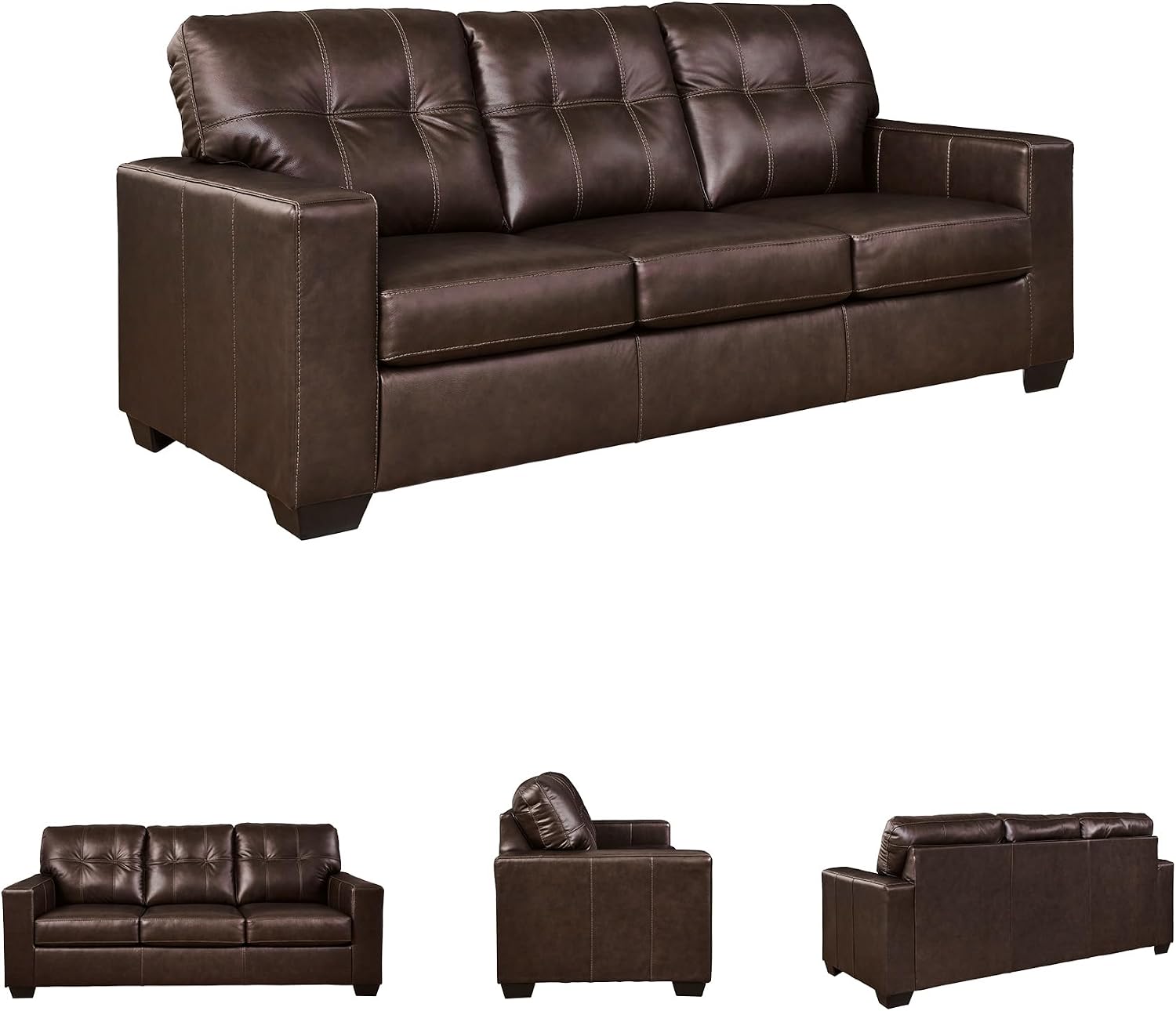 Signature Design by Ashley Santorine Classic Leather Match Tufted Sofa Sleeper with Bi-Fold Memory Foam Mattress, Queen, Dark Brown
