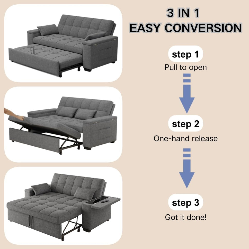 Gizoon 3 in 1 Convertible Sofa Bed, 63.6'' Pull Out Couch with Storage Armrests, Sofa Cama, Adjustable Backrest & Pockets, Linen Loveseat Sleeper for Small Apartment Living Room, Dark Grey