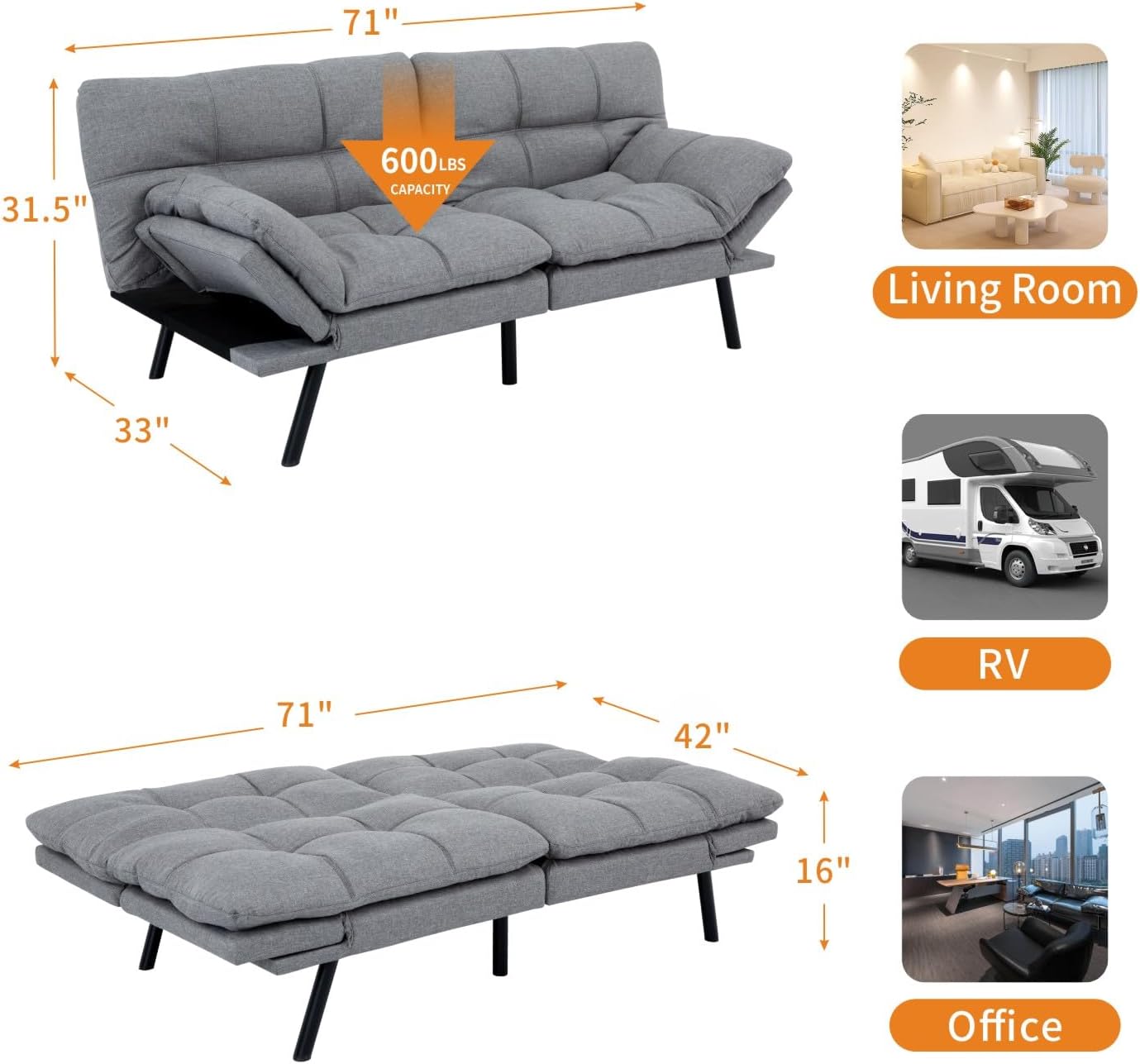 MUUEGM 71-Inch Convertible Futon Sofa Bed with Adjustable Backrest & Removable Armrests, Foldable Sleeper Loveseat for Small Space Living Room, Studio Apartment, Home Office，Light Gray