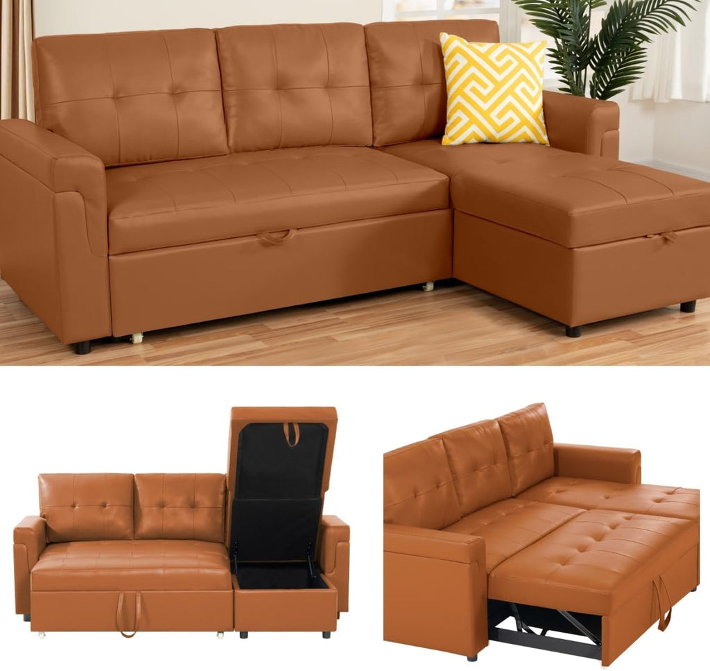Naomi Home L Shaped Sectional Couch with Storage & Pull Out Bed – 3-in-1 Convertible Sleeper Sofa Bed, Small L Shape Sofa for Living Room, Sofa Bed with Storage Chaise in Caramel, Air Leather