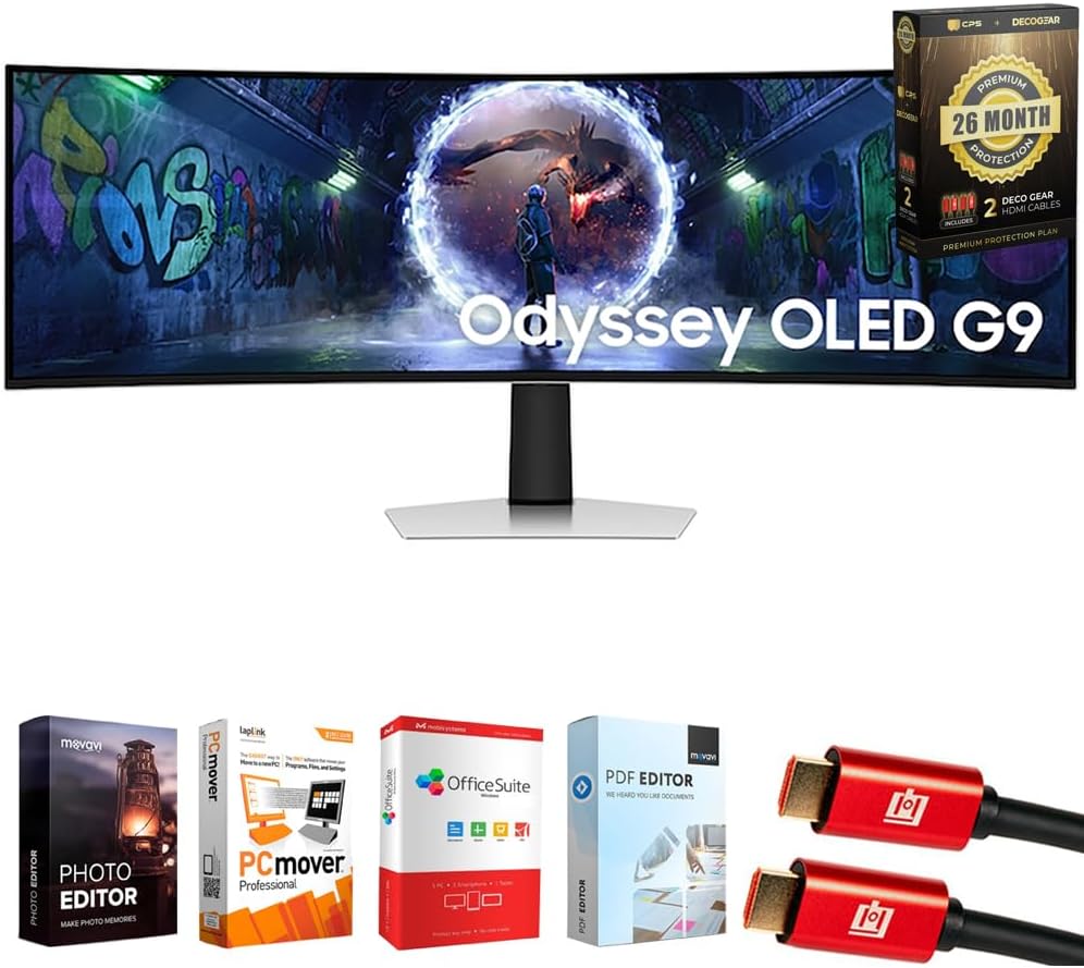 Samsung 49' Odyssey DQHD 5,120x1440 240Hz OLED G9 Curved Gaming Monitor Bundle with Tech Smart USA Elite Suite 18, 2X HDMI Cable & Deco Gear CPS Exclusive 26 Month Protection Pack (BEACH-CPS-26M1500)