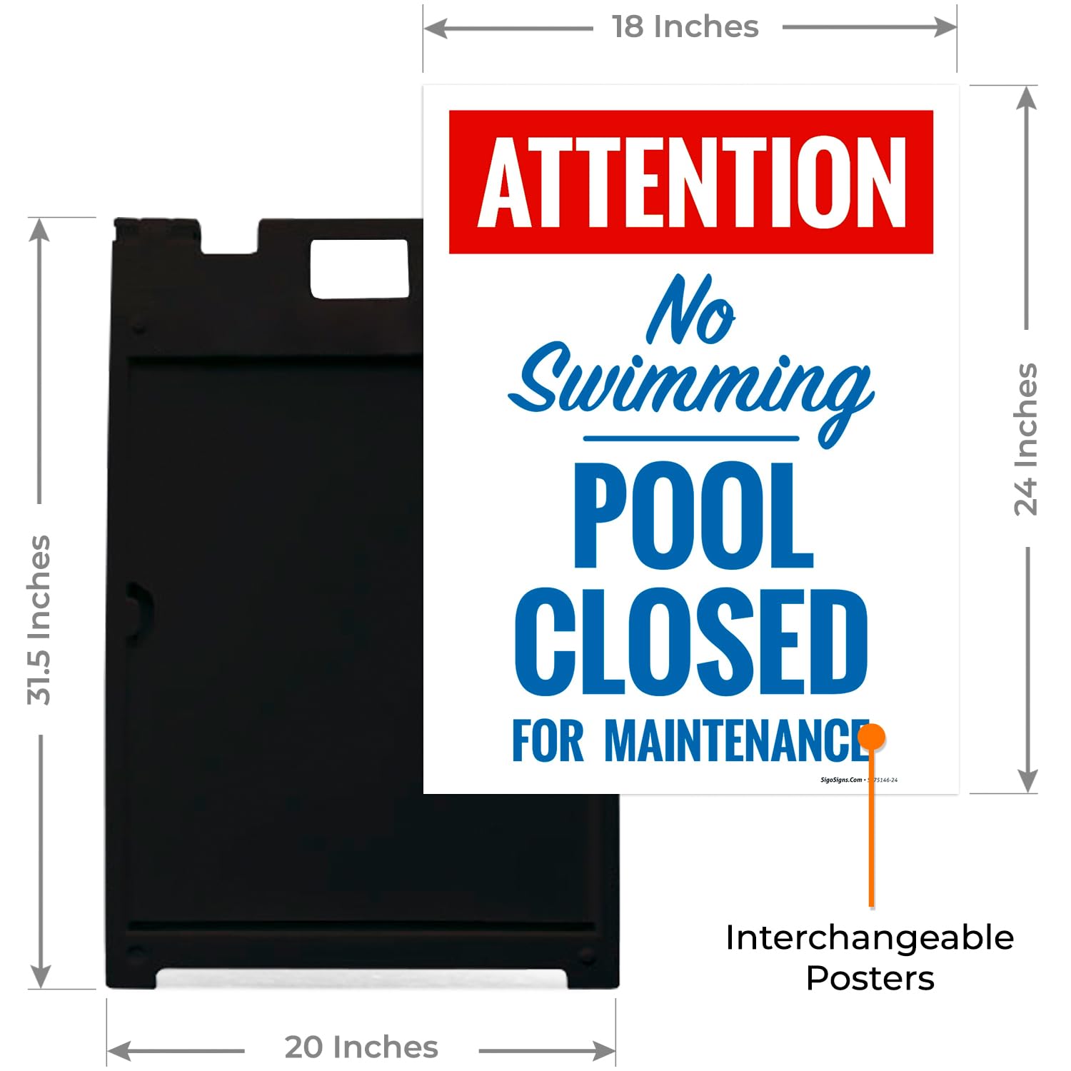 Attention Pool Closed for Maintenance No Swimming Folding Floor Sign, 18x24 Inches, with A Frame Stand, Made in USA by Sigo Signs