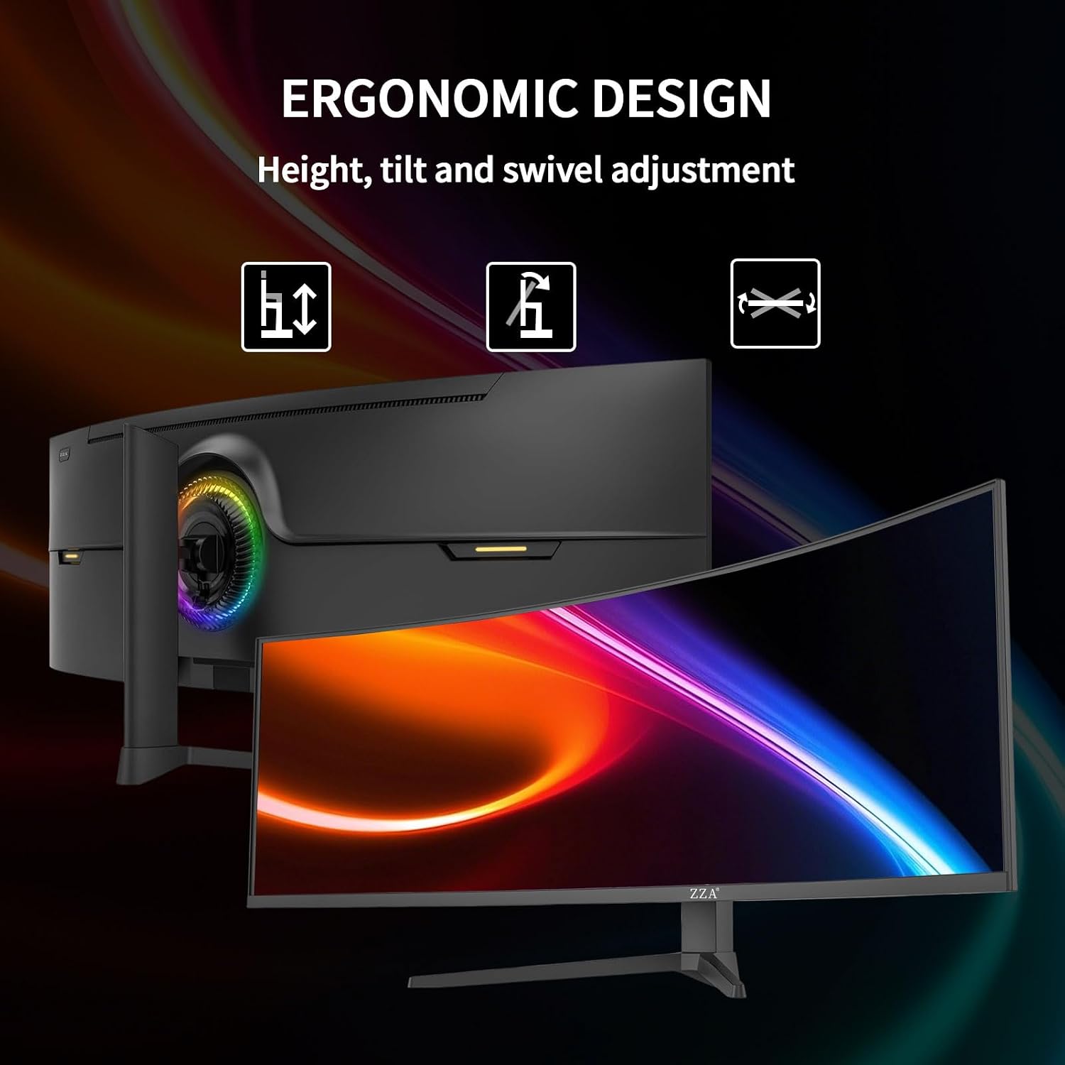 ZZA Ultrawide 49 Inch Curved Monitor 5K Large Computer Monitor 165Hz, DQHD 5120×1440 Curved 1500R AMD FreeSync 120% sRGB Height Adjustable, HDMI 2.1 & DP 1.4, VESA Mount – Black