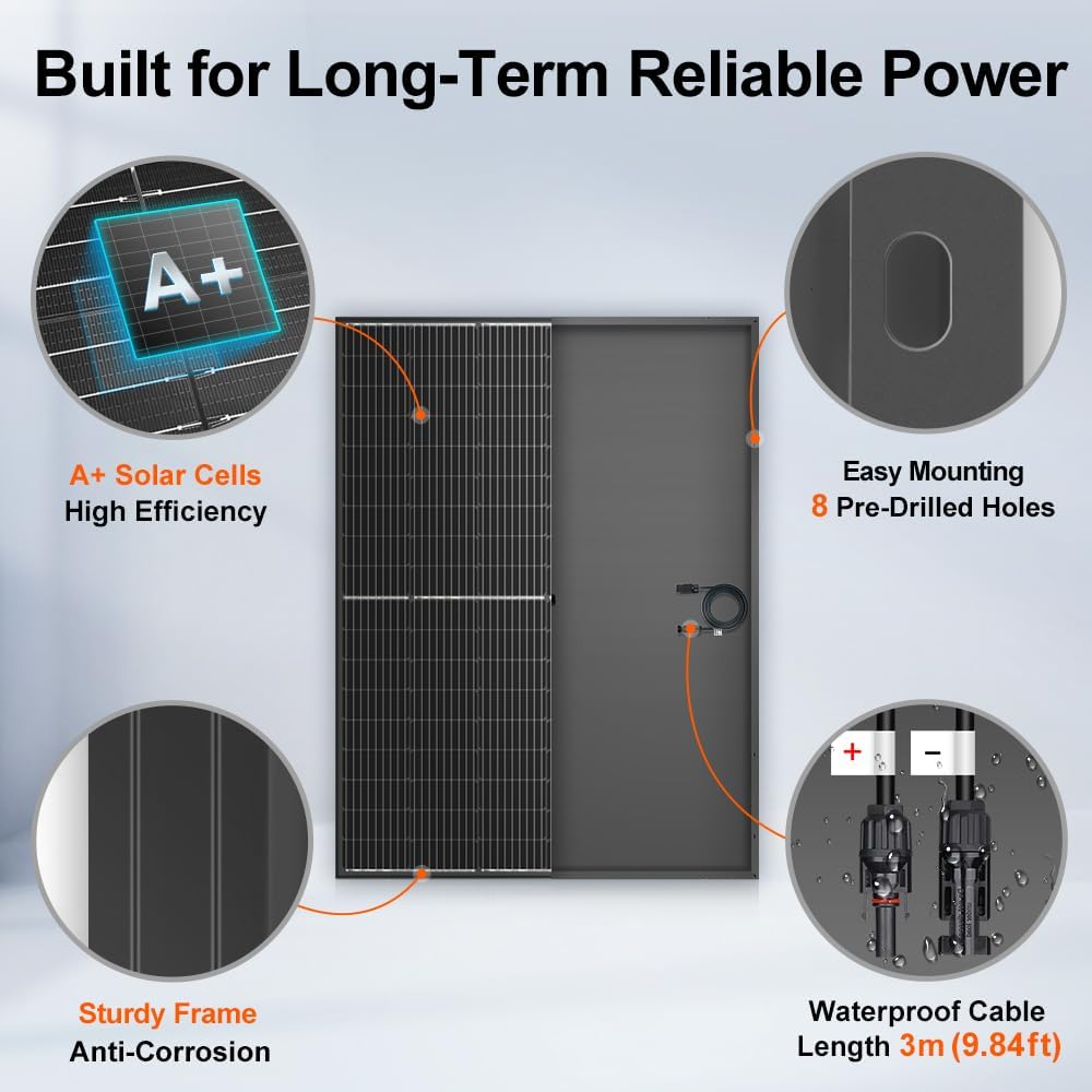 DOKIO Monocrystalline Solar Panel Size 400W 31V for 12/24V Devices, Aluminum Frame, 3m Cable, Pre-Drilled Holes for Yard, Garden, Shed, Off-Grid Power