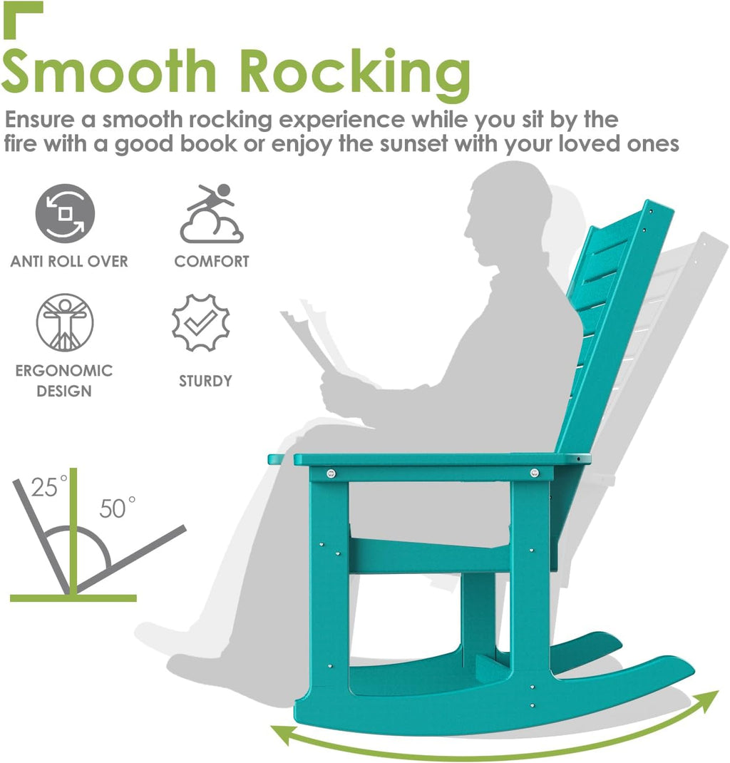 GREENVINES Outdoor Rocking Chairs | Set of 4 | Porch Rocker | HDPE Plastic | Aqua | Oversized Rockers | High Back | Big & Tall | Ladder Back | for Patio Outside Backyard Balcony Garden