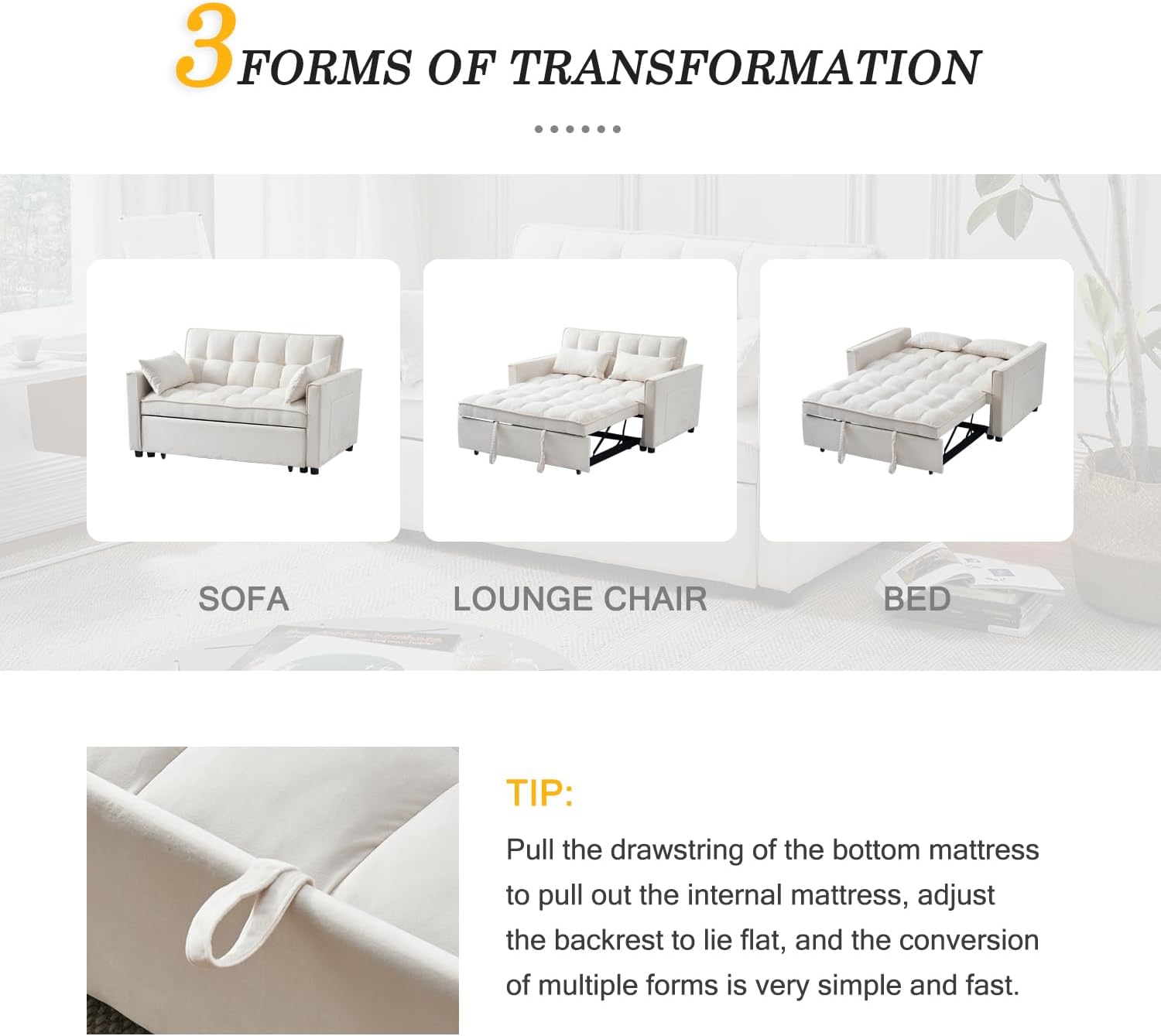3-in-1 Convertible Sleeper Sofa Bed, Premium Velvet Pull Out Loveseat with Storage Pocket and 2 Pillows, Modern Tufted Couch for Small Spaces, Apartment, Office, Guest Room, Cream